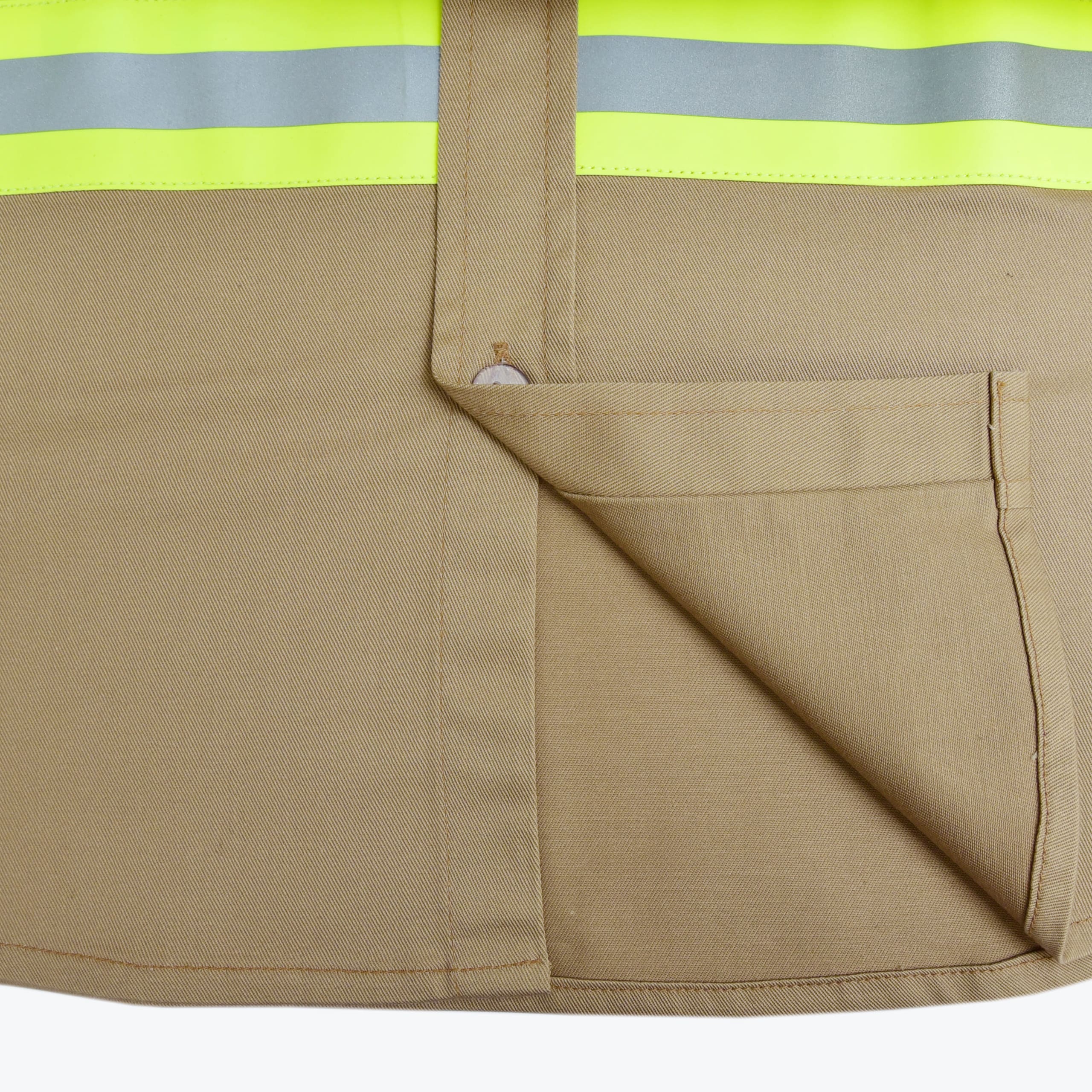 Close-up of a tan safety work shirt showing the fabric texture, button placket, bottom hem, and a yellow-and-silver reflective safety stripe.
