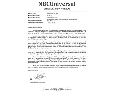 A formal letterhead document from NBCUniversal titled OFFICIAL FACTORY APPROVAL addressed to Addos Corporation, detailing manufacturer information, audit scores, and approval expiration dates.