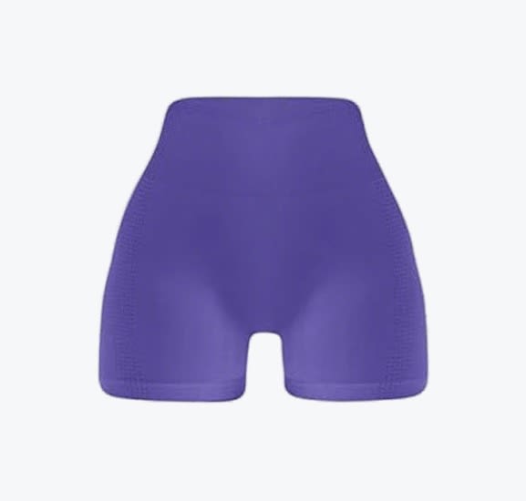 A front view of a pair of high-waisted, form-fitting purple athletic shorts against a plain white background.