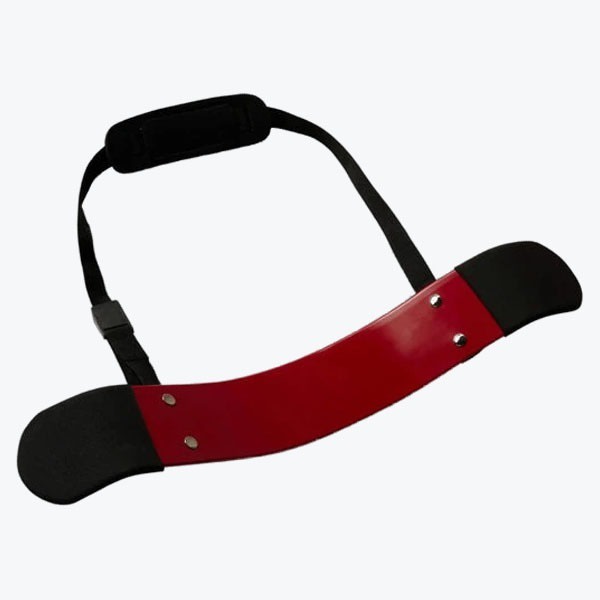 A red bicep arm blaster with black padded elbow rests and an adjustable black neck strap, isolated on a white background.