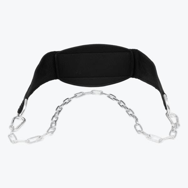 A black padded weightlifting dip belt with an attached silver steel chain and carabiners, isolated on a white background.