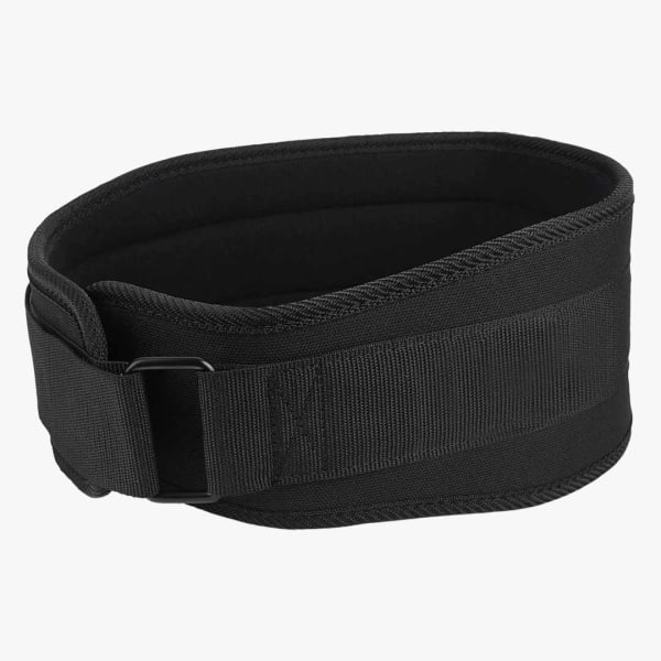 A black nylon weightlifting belt with white stitching, designed with a wider back section for lumbar support, displayed on a white background.
