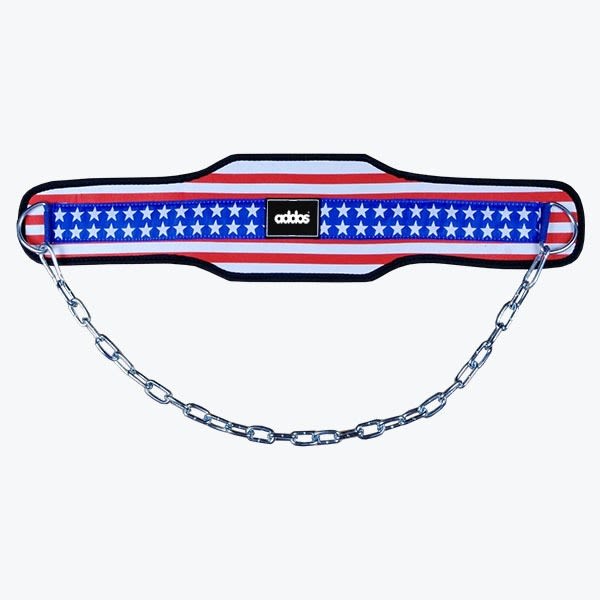 An Addos dip belt with an American flag pattern and a metal chain on a white background.