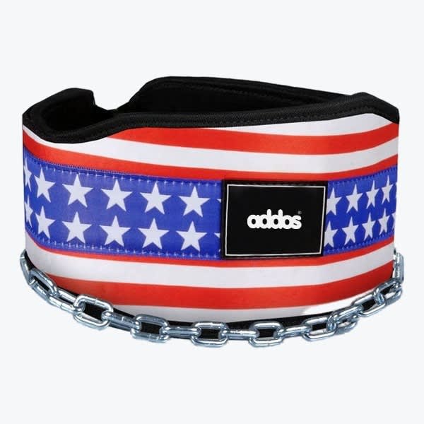 A padded weightlifting dip belt featuring an American flag pattern and a steel chain, with the Addos brand logo on a black patch in the center.