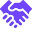 A purple pixelated handshake icon on a dark background.