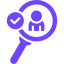 Purple magnifying glass icon with a user silhouette inside.