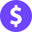 A pixelated purple circle containing a grey dollar sign symbol on a dark background.