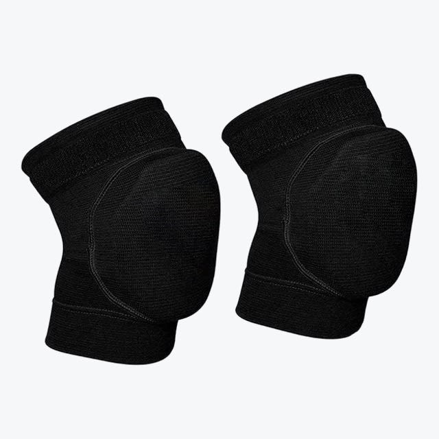 A pair of black padded knee sleeves shown from a side-angle view against a plain white background.