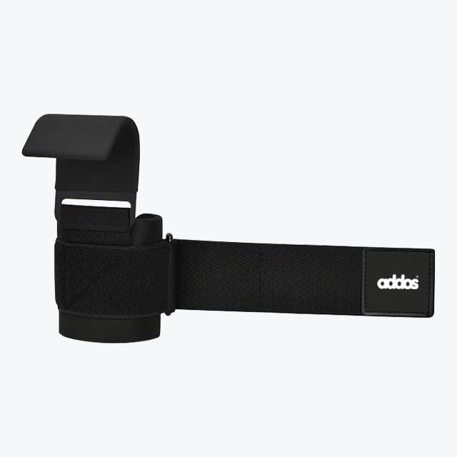A black Addos weightlifting hook with an adjustable wrist strap against a plain white background.