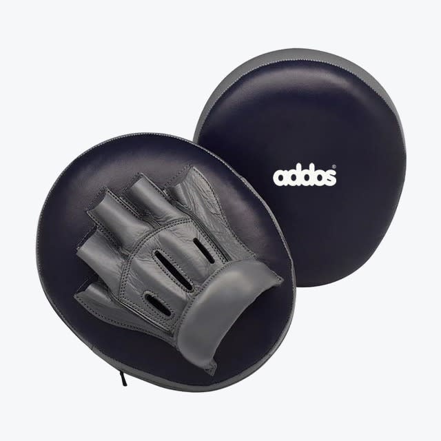 A pair of dark navy blue and grey Addos boxing focus mitts, showing both the front striking surface with the logo and the back glove attachment against a white background.