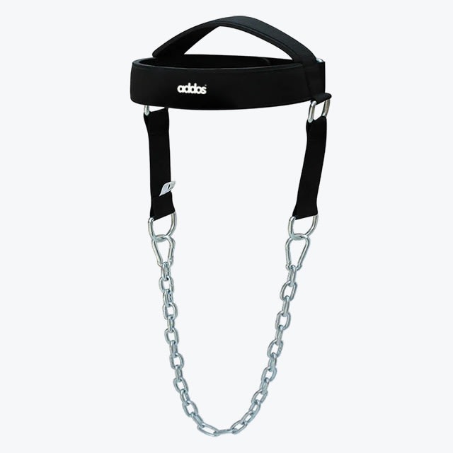A black Addos head harness with a steel chain hanging down, designed for neck weight training, shown against a plain white background.