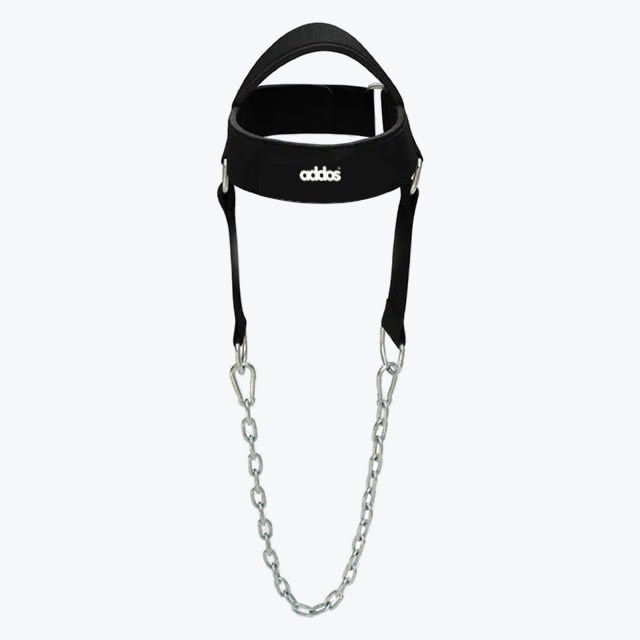 A black Addos neck harness with an attached steel chain, shown against a plain white background.