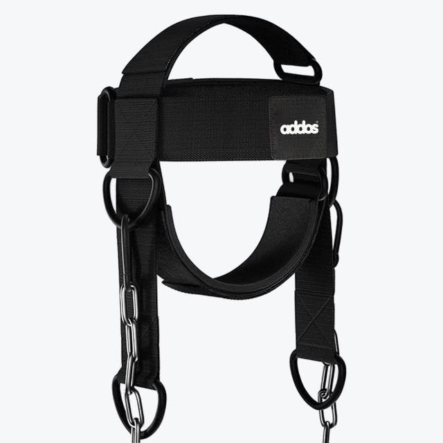 A black Addos brand neck harness with adjustable straps, metal D-rings, and a steel chain, isolated on a white background.