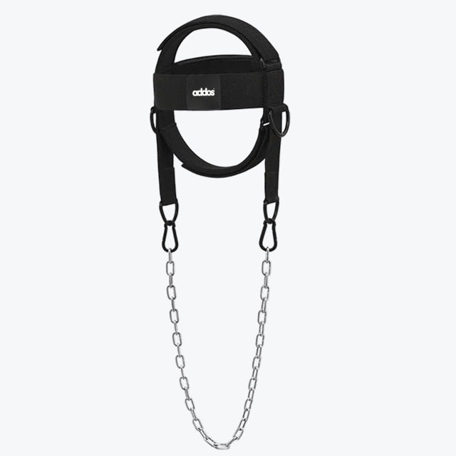 A black Addos neck harness with an attached steel chain on a white background.