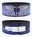 Two views of a custom weightlifting belt: the top showing a back design of a winged angel over skulls with lightning, and the bottom showing a white lever buckle on a dark blue lightning background.