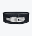 A black suede weightlifting belt with a silver adjustable lever buckle, shown against a plain white background.