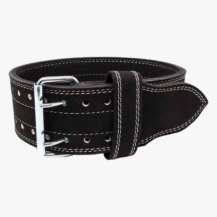 A black leather powerlifting belt with a silver double-prong buckle and white stitching, isolated on a white background.