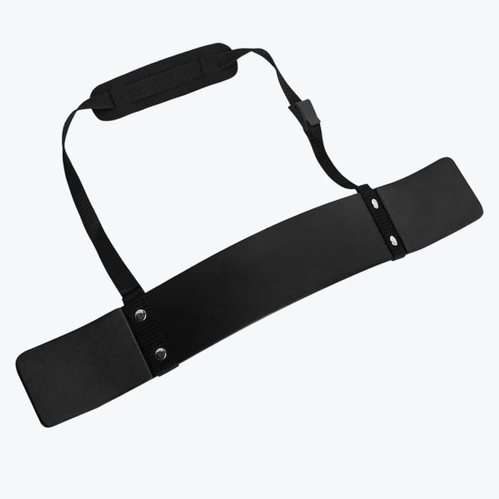 A black bicep arm blaster with an adjustable neck strap and padded neck protector, isolated on a white background.