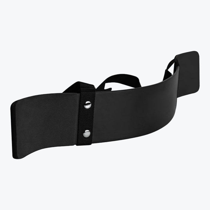 A black bicep arm blaster with a curved plate and adjustable neck strap, isolated on a white background.