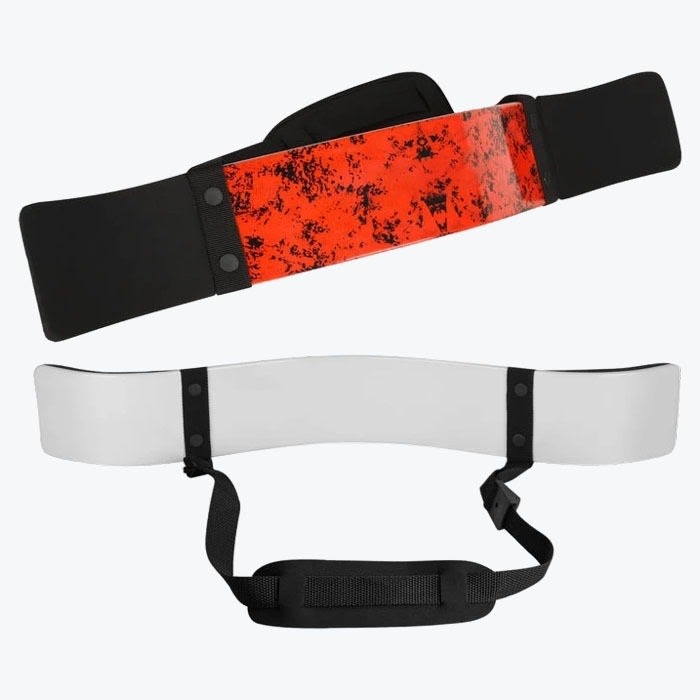 Two bicep arm blasters, one red with black splatter and one white with a black neck strap, on a white background.