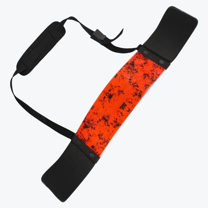 A red and black bicep arm blaster with an adjustable neck strap and padded elbow rests, isolated on a white background.
