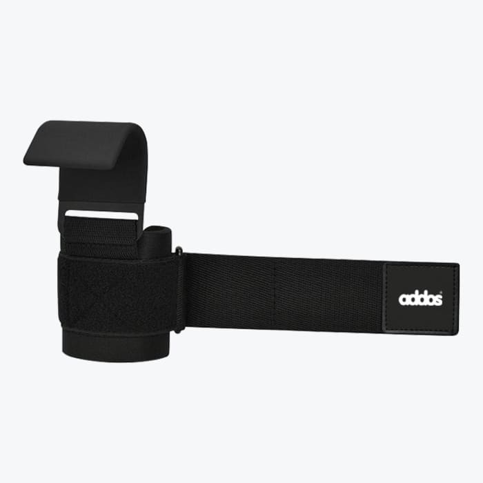 A single Addos weightlifting hook with a blue rubber-coated metal hook and a black padded wrist strap on a plain white background.