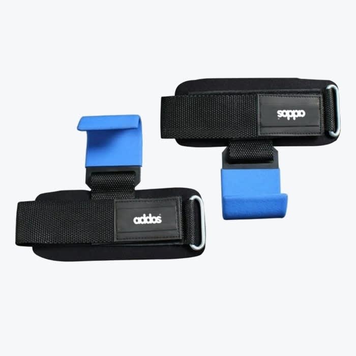 A pair of black Addos weightlifting wrist straps with blue-coated steel hooks, displayed against a plain white background.