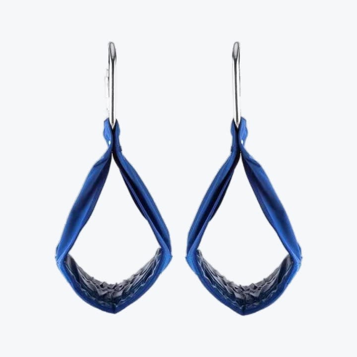 A pair of blue hanging ab straps with metal carabiners on a white background.