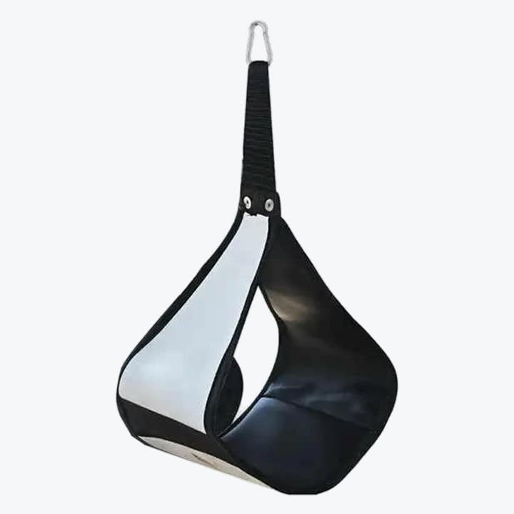 A black and white hanging weighing sling with a metal carabiner clip on a plain white background.
