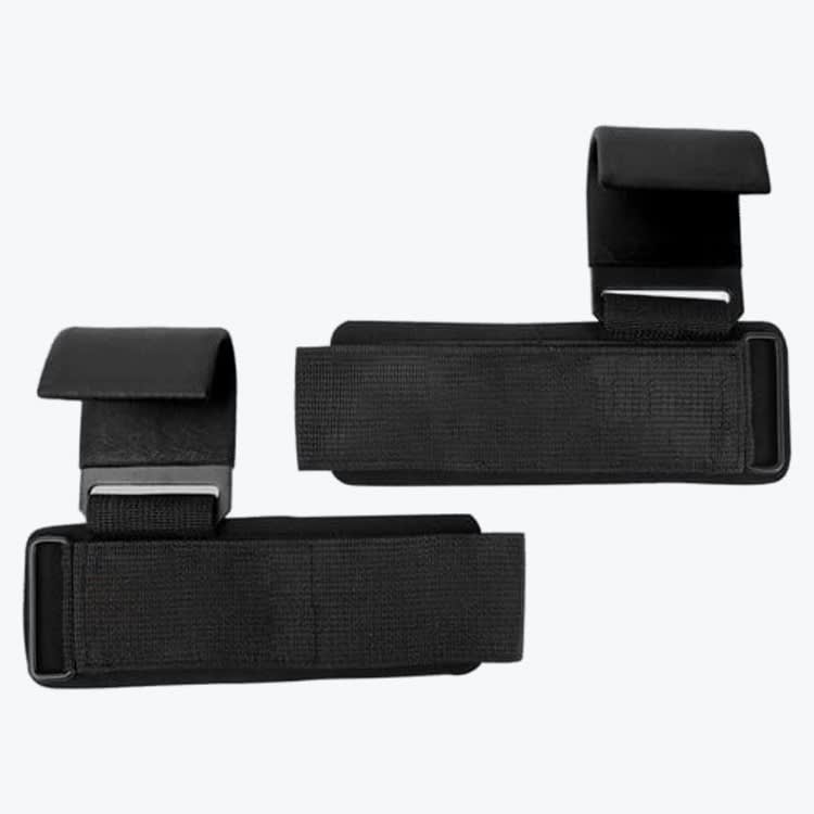 A pair of black weightlifting hooks with padded wrist wraps, displayed against a plain white background.