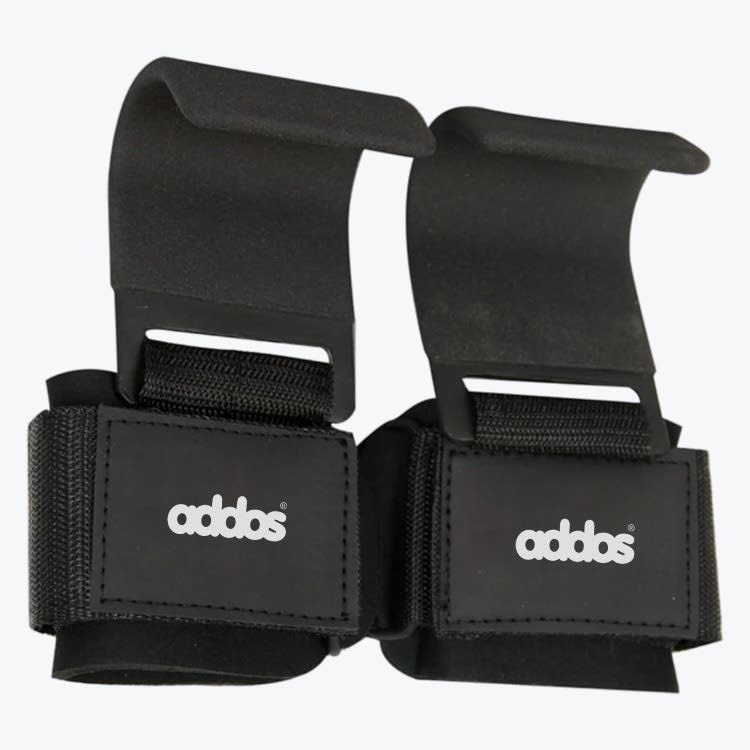 A pair of black weightlifting hooks with wrist wraps featuring the brand name addos on a white background.