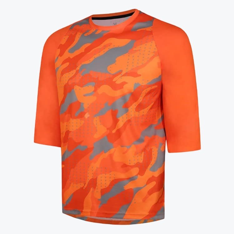 An orange and grey camouflage patterned 3/4 sleeve athletic shirt displayed against a plain white background.