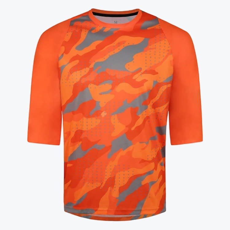 An orange and grey camouflage athletic shirt with solid orange raglan sleeves on a white background.