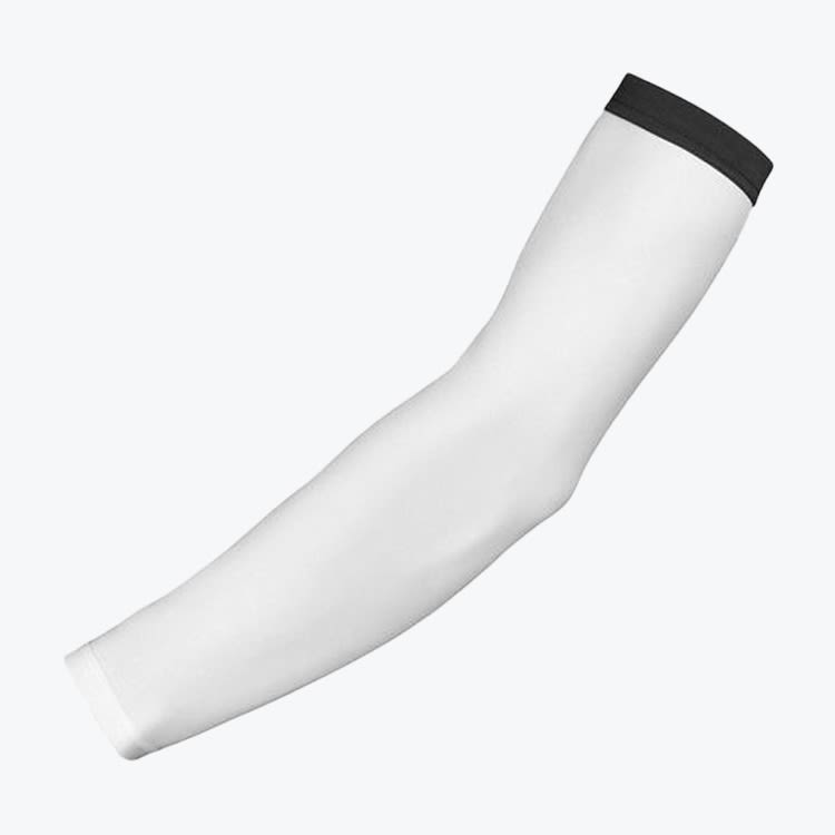 A white compression arm sleeve with a black upper band, displayed against a plain white background.