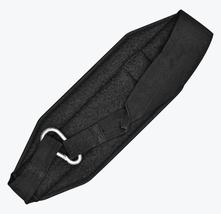 A black padded dipping belt with a silver carabiner clip, isolated on a white background.