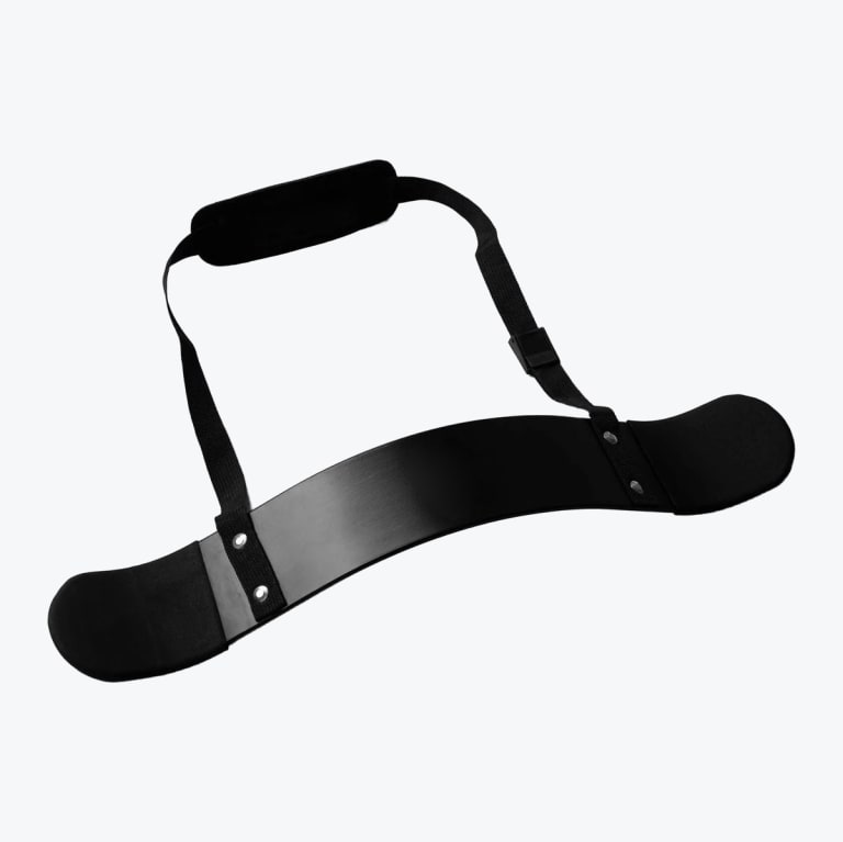 A black bicep arm blaster with an adjustable neck strap and padded elbow supports on a white background.