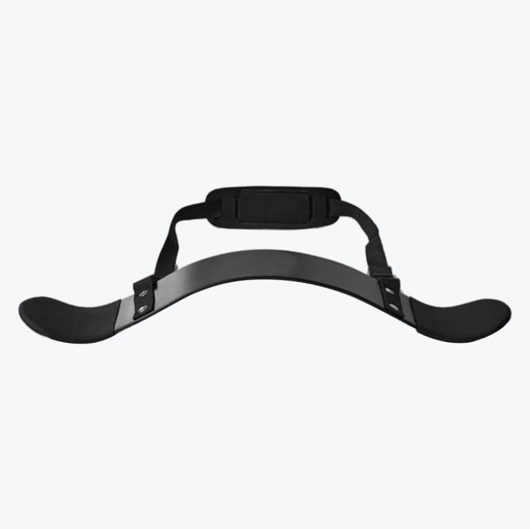A black bicep arm blaster with a curved metal plate, padded elbow rests, and an adjustable neck strap, isolated on a white background.