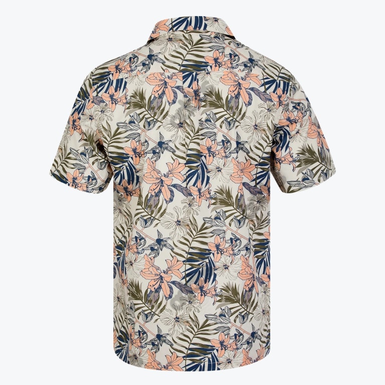 Back view of a short-sleeve cream shirt with a tropical print of peach lilies and green and navy palm leaves.