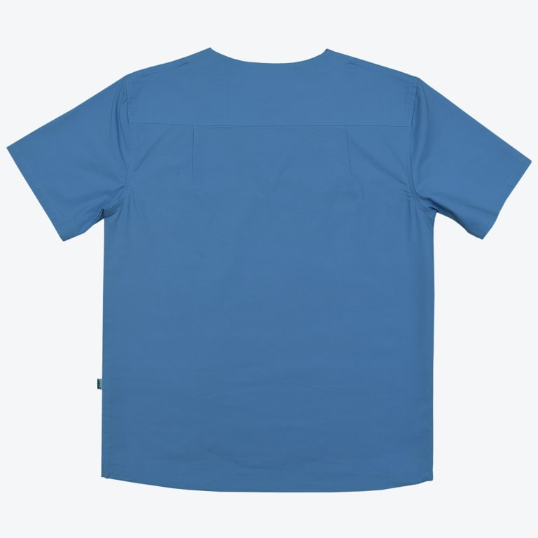 The back view of a short-sleeved blue medical scrub top featuring a back yoke and pleats, displayed on a white background.