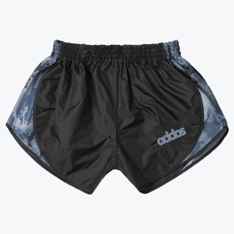 A pair of black running shorts with blue digital camo side panels and the word addos printed on the left leg.