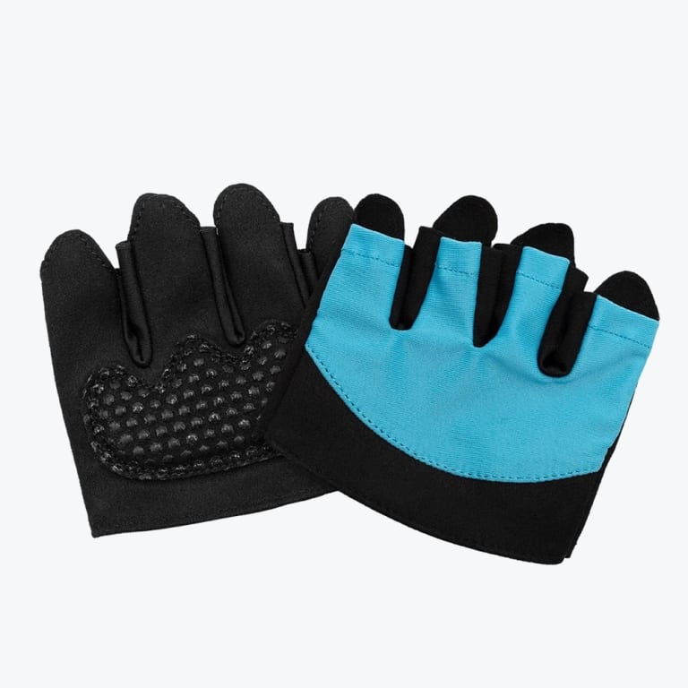 A pair of fingerless athletic gloves in black and blue, showing one palm-side with a textured grip and one back-side with a blue panel, set against a plain white background.
