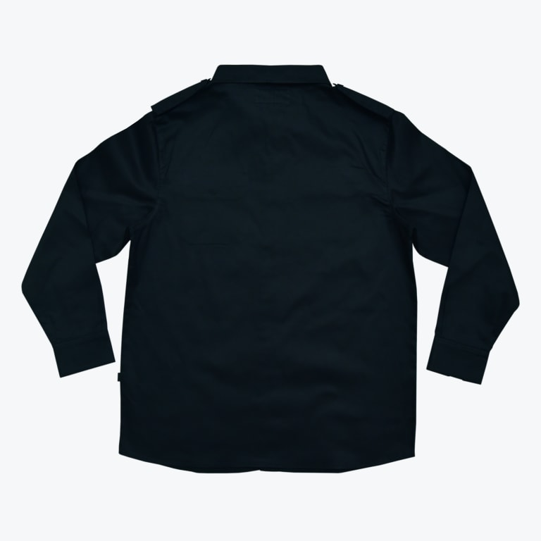 Back view of a black long-sleeve tactical shirt with shoulder epaulets on a white background.