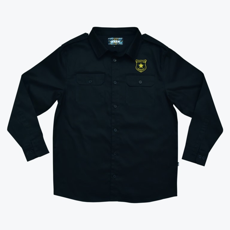 A flat-lay view of a black long-sleeve button-down shirt featuring a yellow Security Service badge on the left chest and two front utility pockets.