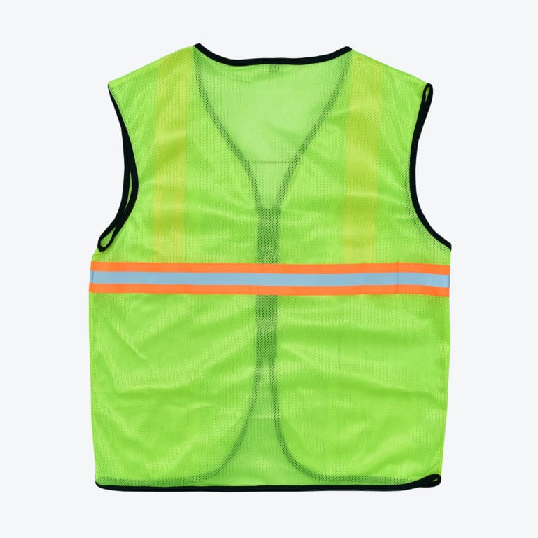 A neon green mesh safety vest with a horizontal orange and silver reflective stripe across the chest, black trim, and a white background.