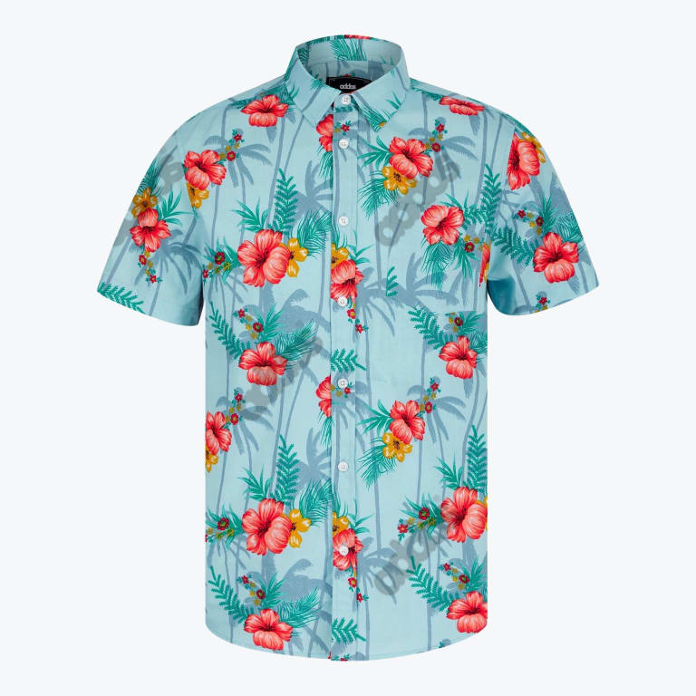 A light blue short-sleeve button-up shirt with a tropical pattern of red hibiscus flowers and green foliage.
