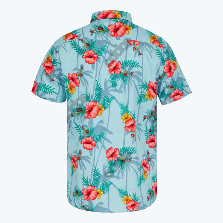 Back view of a light blue short-sleeved Hawaiian shirt with a pattern of red hibiscus flowers and green leaves.