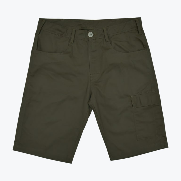 A pair of dark olive green men cargo shorts with a button waist, belt loops, and a side cargo pocket on a plain white background.