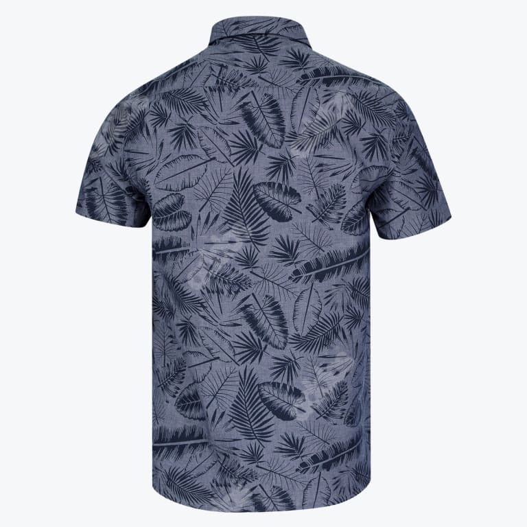 Back view of a greyish-blue short-sleeved button-down shirt with a dark blue tropical leaf pattern.