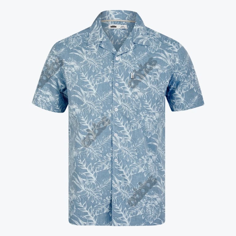 Front view of an Addos light blue short sleeve button down shirt with a white tropical leaf print and a camp collar on a white background