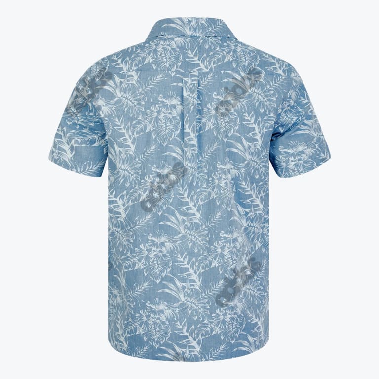 Back view of a light blue short-sleeve button-down shirt with a white tropical leaf pattern, featuring a back yoke and box pleat.